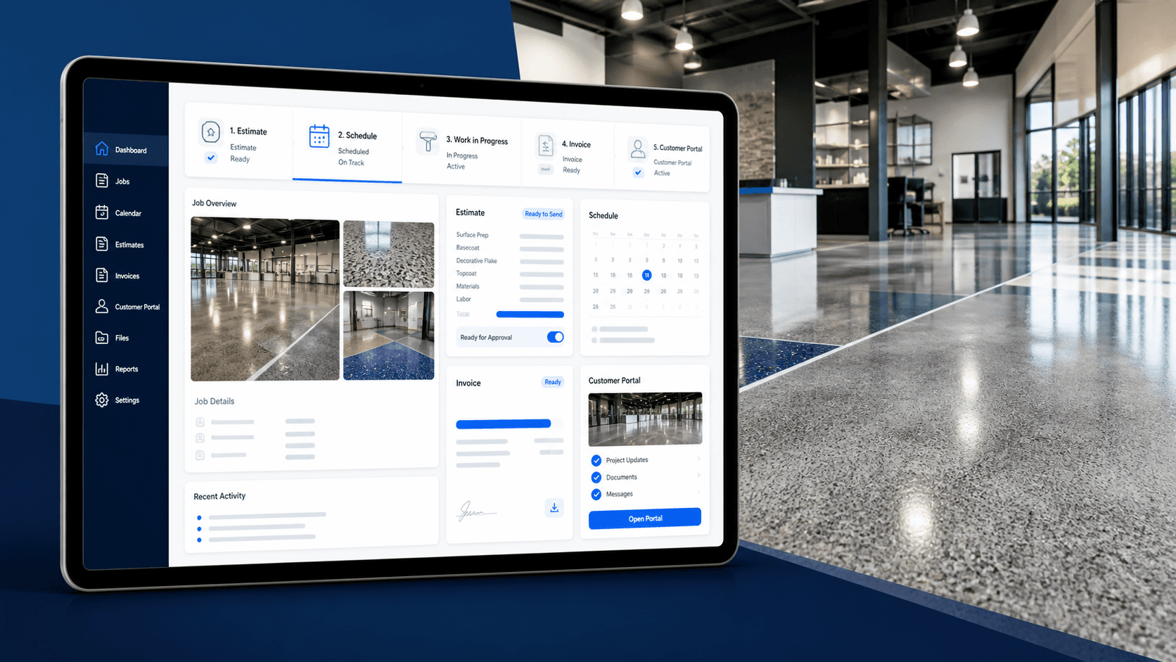 FloorConnector workflow workspace over a specialty flooring project